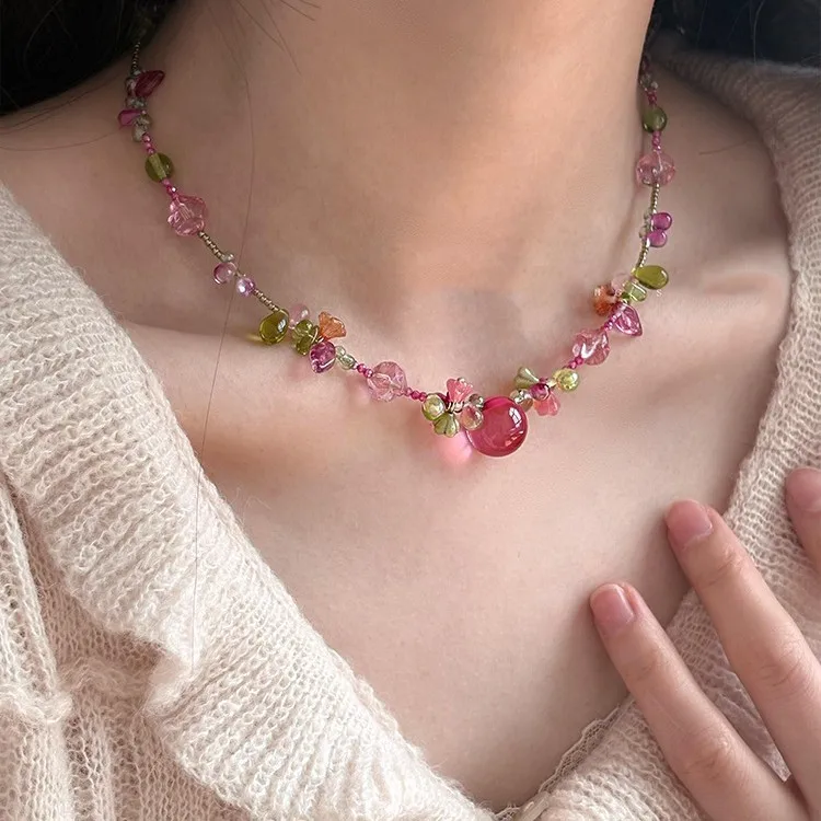 Bohemian Pink Waterdrop Handmade Beaded Flower Pendant Necklace Sweet Summer Girl y2k Jewelry