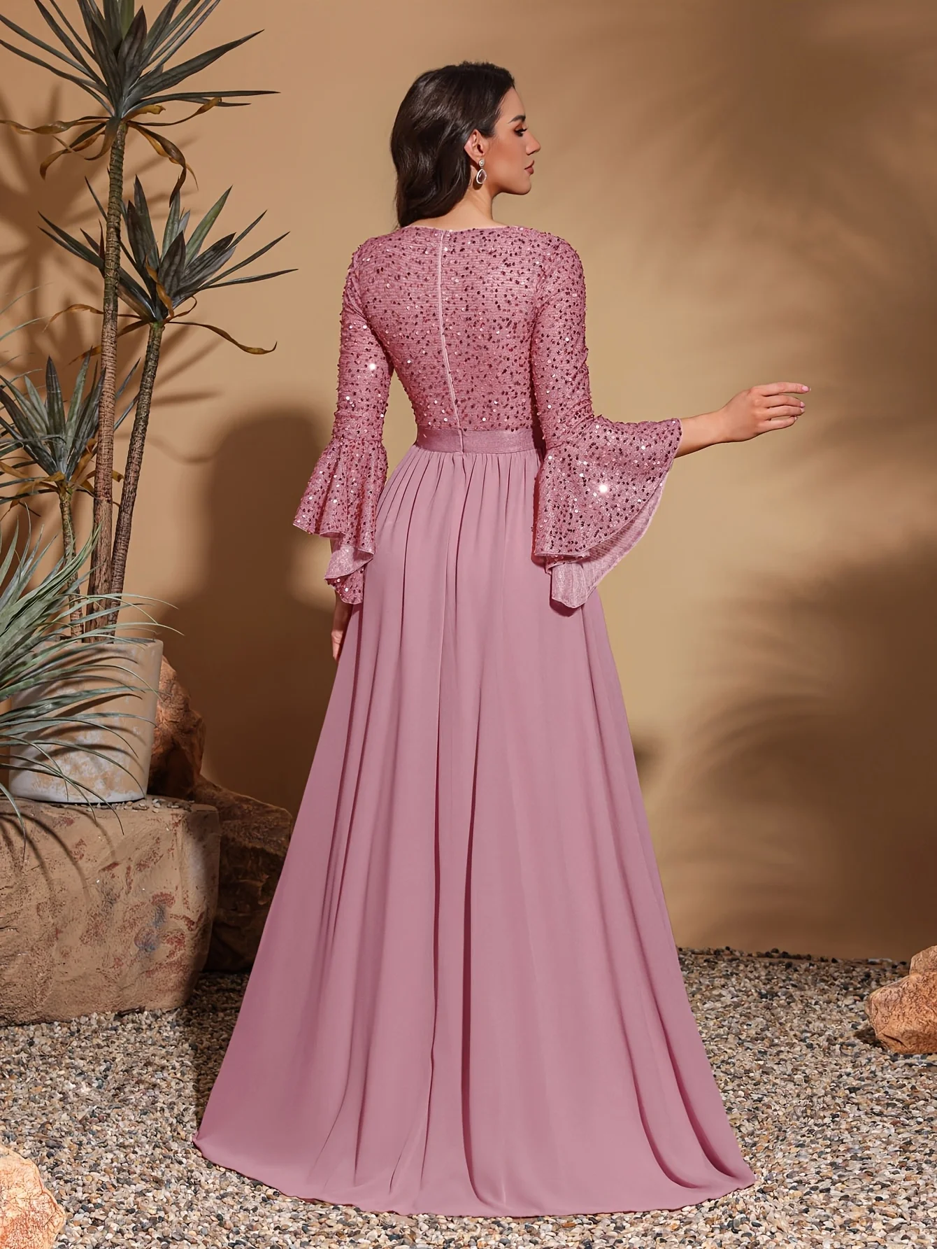 رقبة دائرية، أكمام بوق مطرزة، مقسمة حاشية شيفون، فستان ريترو أنيق #2