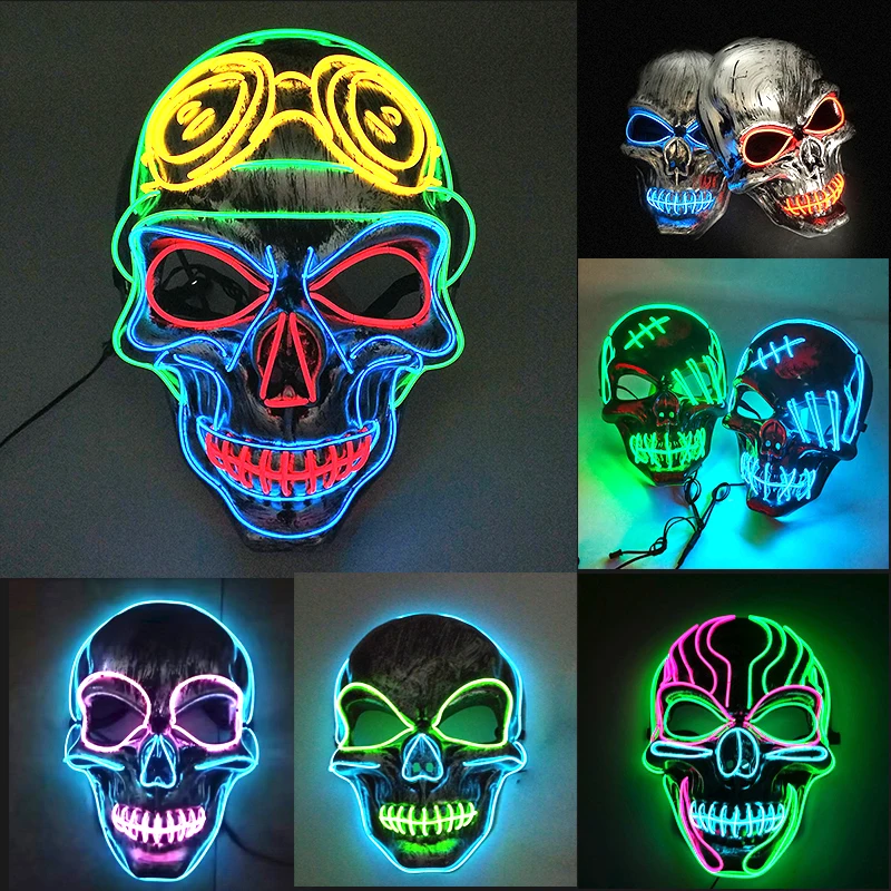 Halloween Horror Skull Head Mask, Cosplay, Esqueleto, Disfarce, Máscara de LED Luminoso, Brilhando no Escuro, 10 Cores