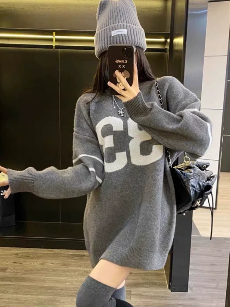 Women's Casual Baggy Knitted Sweater Top Fashion Digital Printed Knitwear Pullover New Loose O-Neck Thicked Soft Jumpers