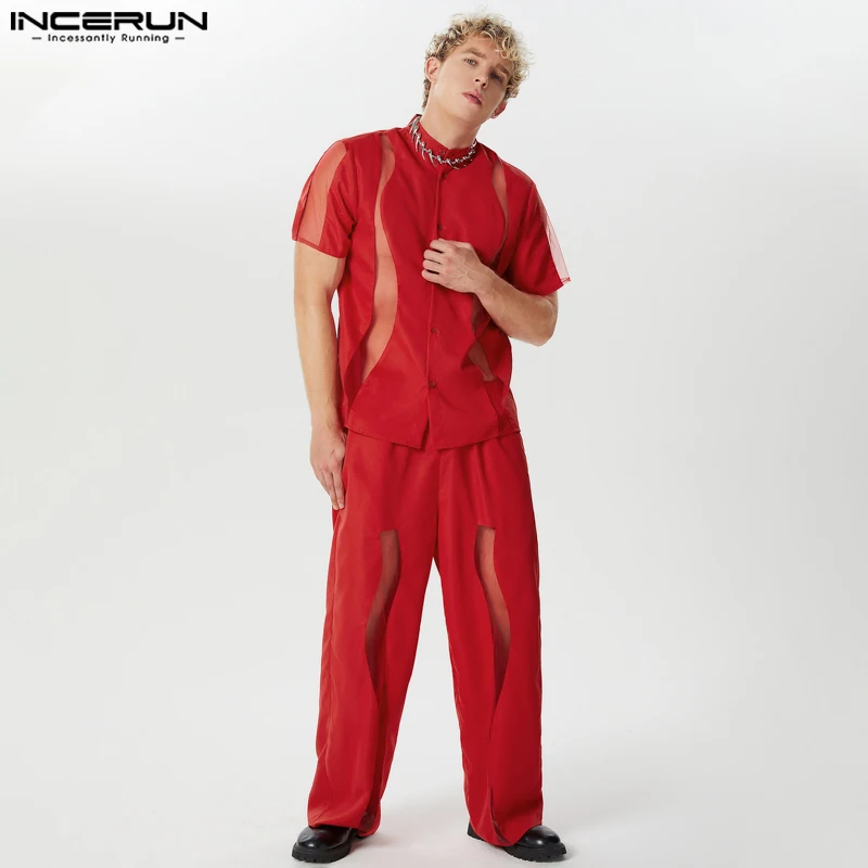 INCERUN 2024 American Style Casual Sets Men Short Sleeved Shirts Pants Fashion Male Irregular Splicing Mesh Two-piece Sets S-5XL