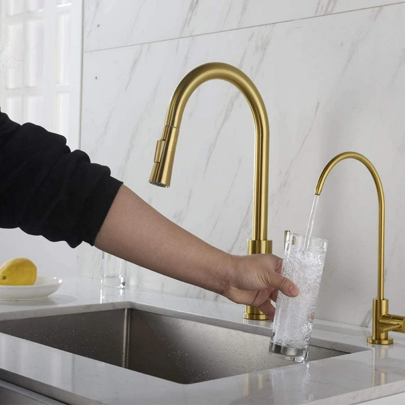 Brushed Gold Drinking Water Purifier Faucet Stainless Steel Drinking Water Reverse Osmosis Systems Kitchen Water Filter Tap 1/4\