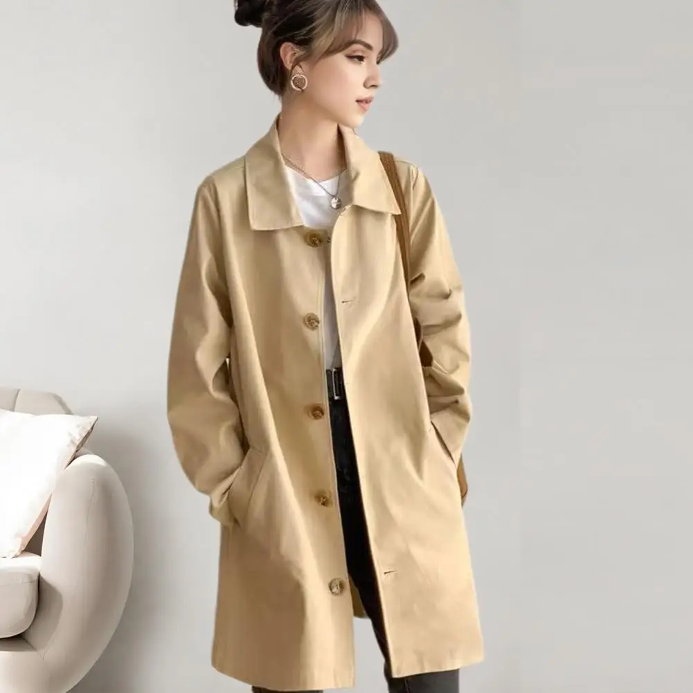 Women Jacket Turn-down Collar Long Sleeves Button-down Windbreaker Loose Mid Length Outdoor Travel Commuting Overcoat