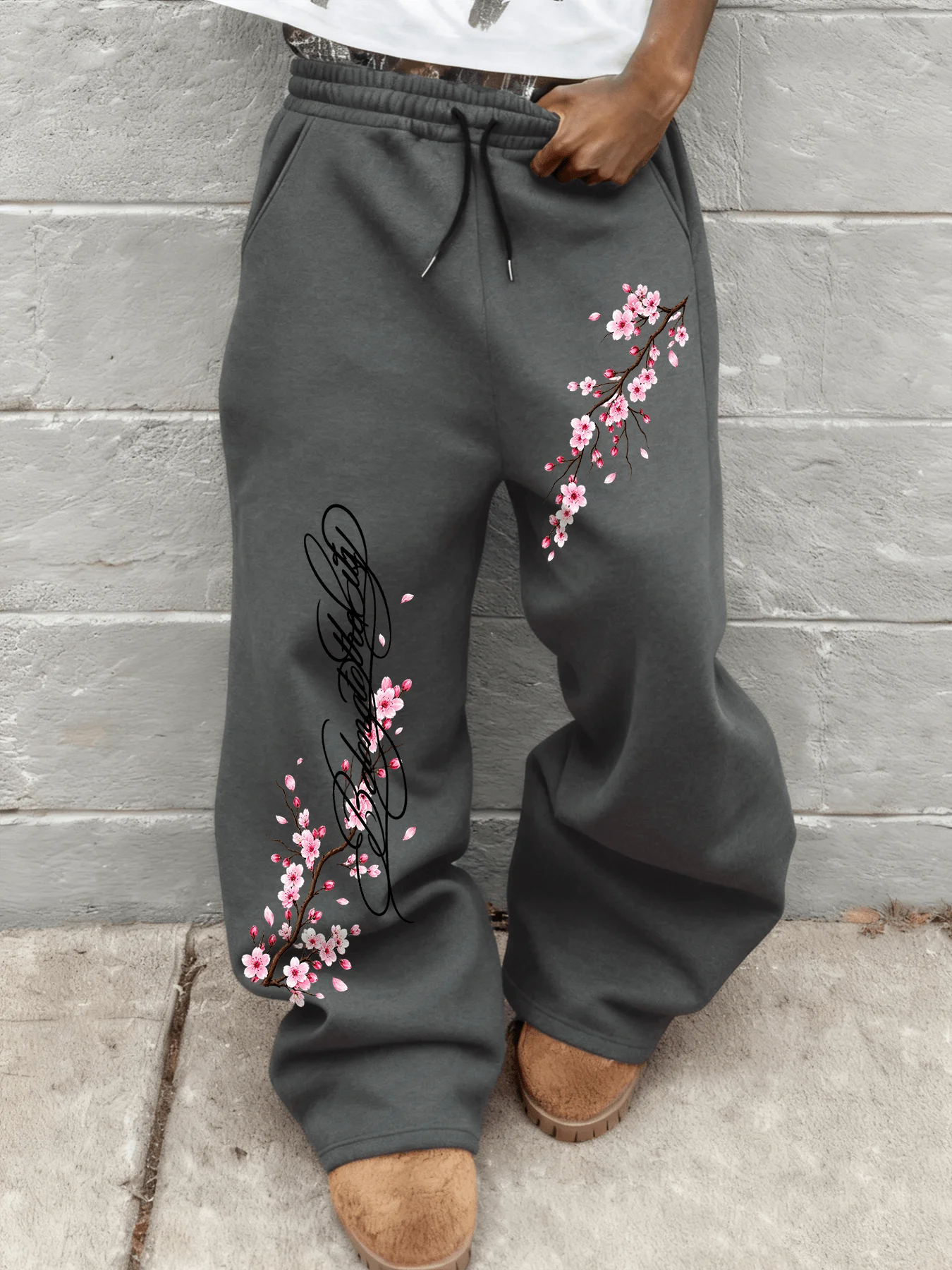 2026 New Men Baggy Wide Leg Sweatpants Cherry Blossom Print Drawstring Elastic Waist Casual Joggers Streetwear Long Trousers