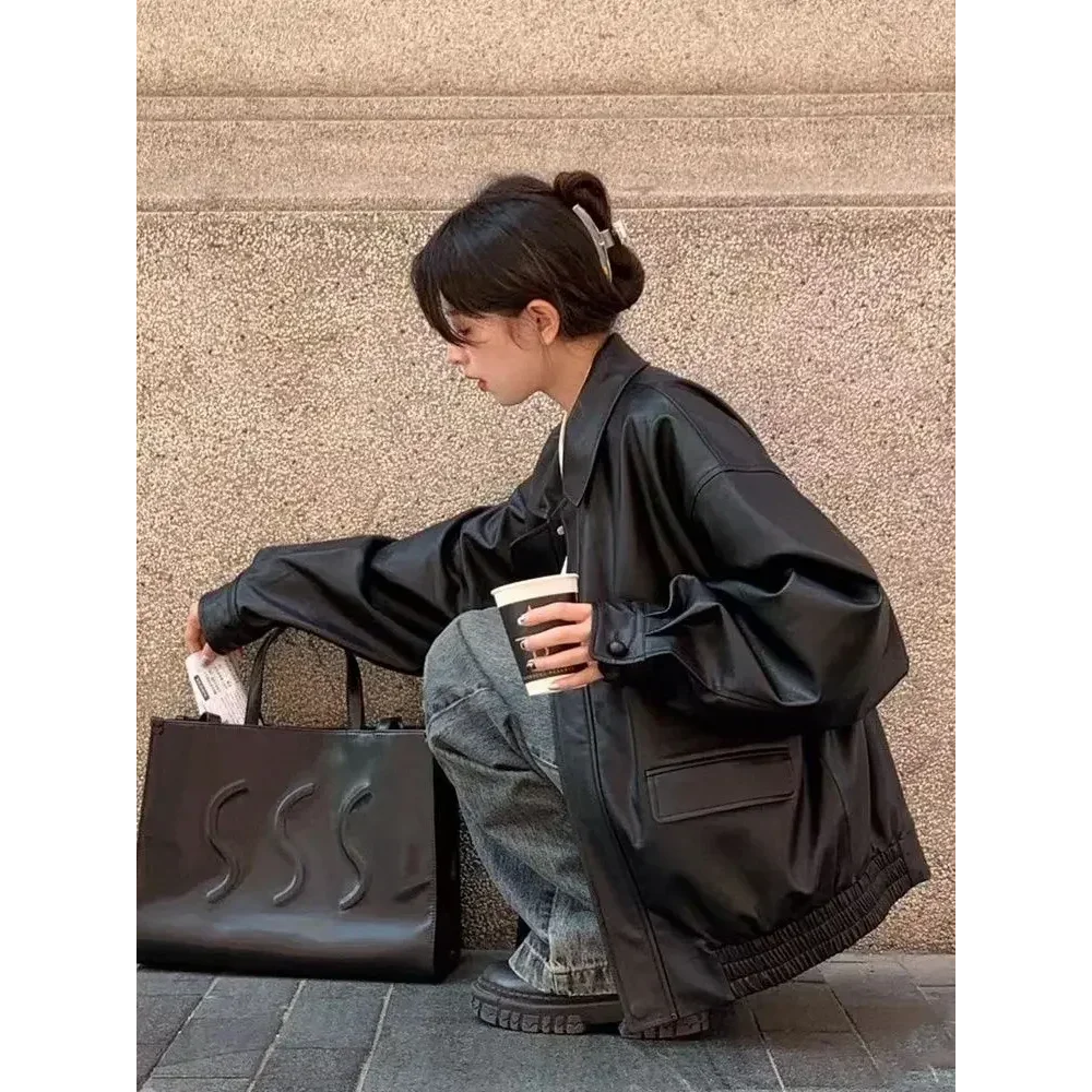 Vintage kunstleer jas dames streetwear moto biker jassen losse casual pu jas