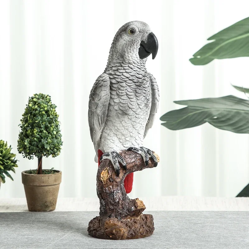 Nordic Style Gray Resin Parrot Desktop Decoration Cartoon Bird Crafts Animal Statue Figurines Living Room Countertop Decoration