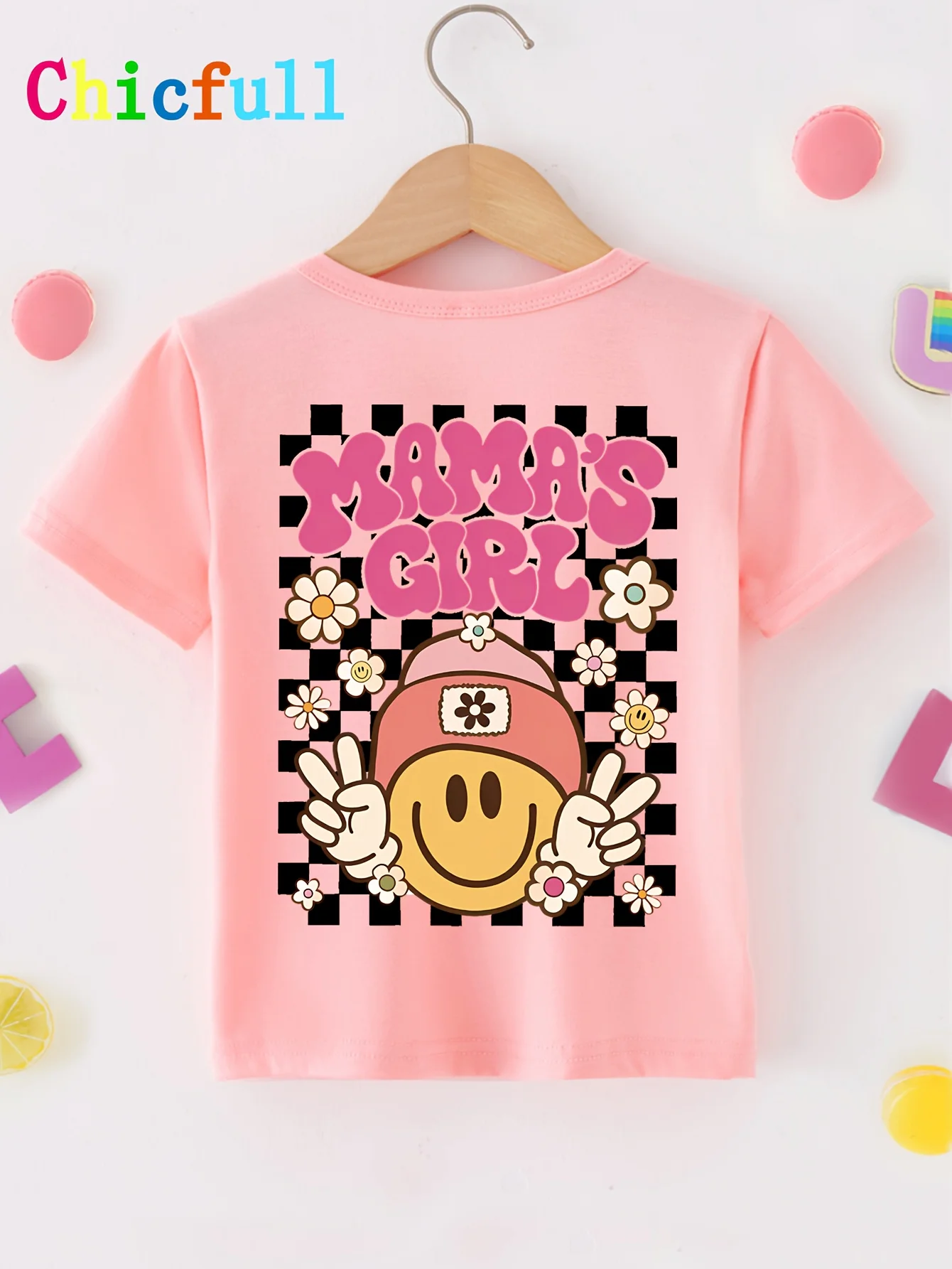 Front and Back Double Print Girls MAMA'S GIRL Flower Letter Print Fashionable Trendy and Versatile T-shirt for Parent-child Wear