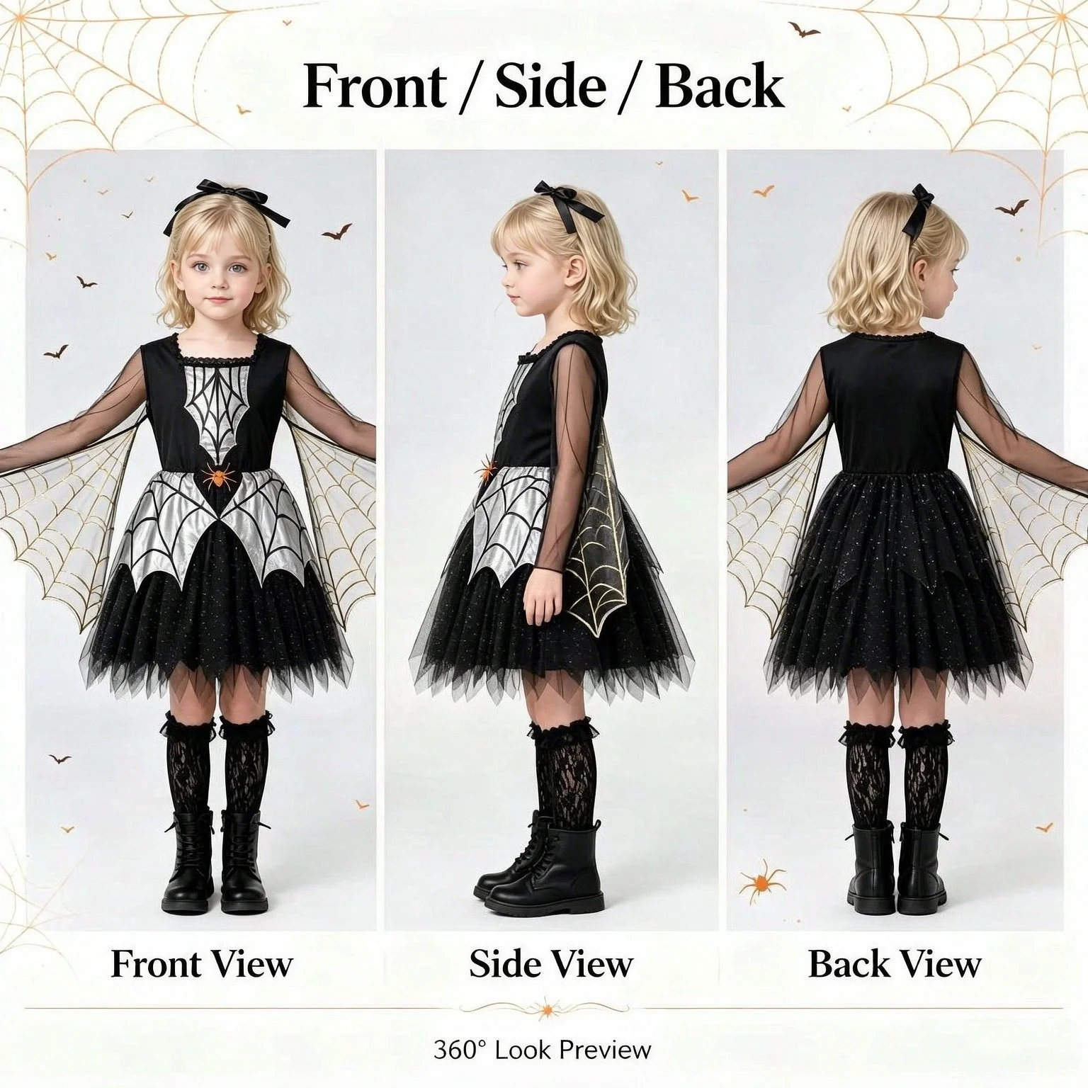 1er-Pack Mädchen-Kostüm mit Spinnen-Motiv, Spinnennetz-Umhang-Kleid, Halloween-Karnevals-Outfit für Bühnenauftritte & Cosplay-Partys – Detail 2