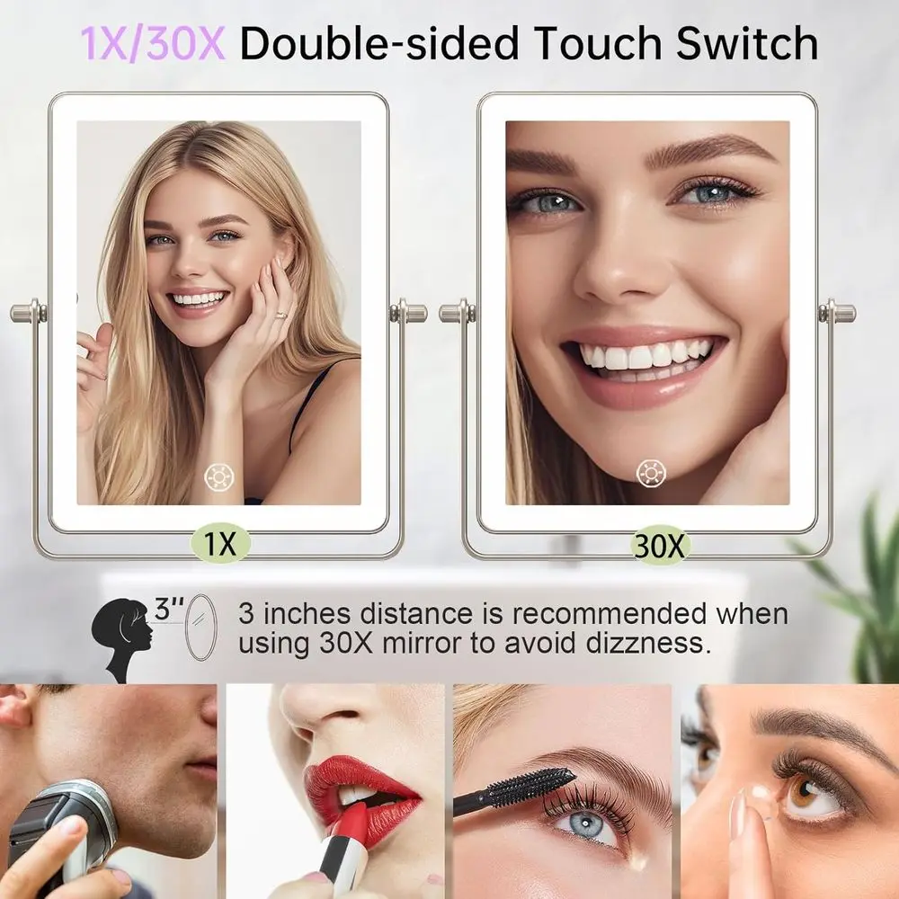 مرآة مكياج LED مزدوجة الجوانب 8.7، تعمل باللمس، تكبير 1X/30X، 3 أضواء ملونة، ذراع قابل للتعديل، 360 درجة ° دوران، النيكل #2