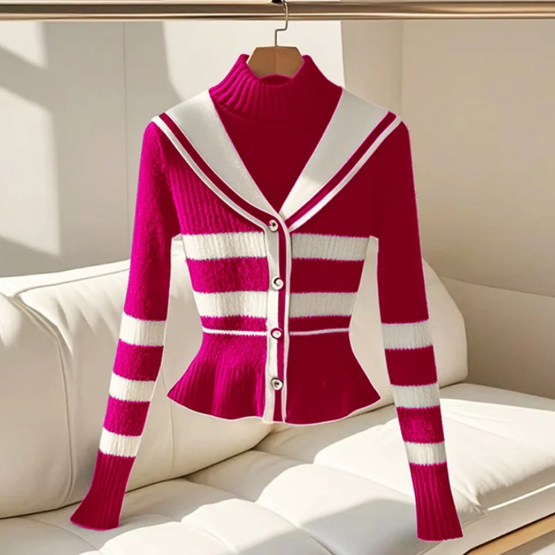 韓国ファッションストライプスプライシングセーター女性秋の新シックなタートルネック高度でスリムフィットカシミヤフェイクツーピースニットウェア