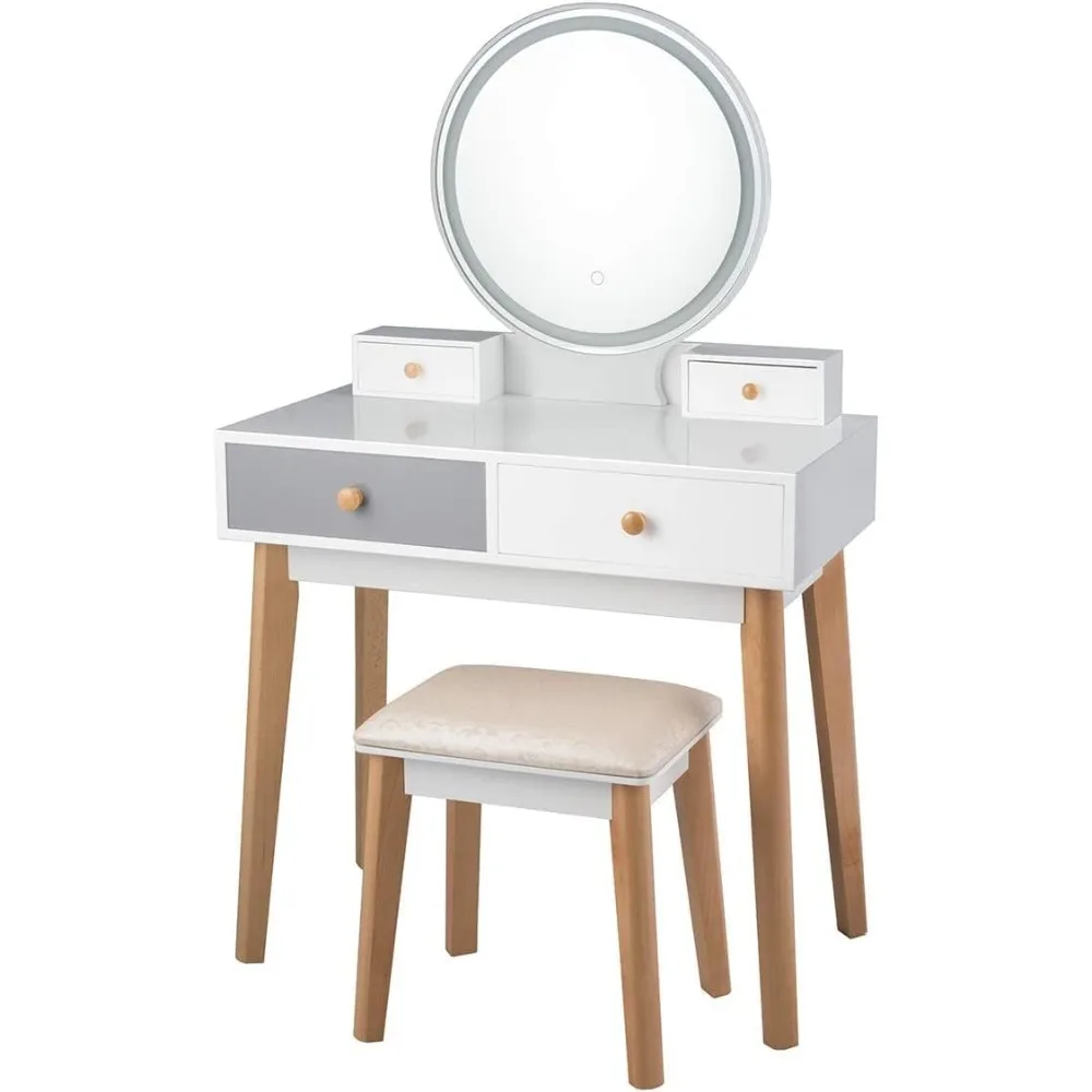 Vanity Set,Touch-Screen LEDMirror, Dressing Table Cushioned Stool,4 Storage Drawers &Spacious Desktop,3 Adjustable Light Colors