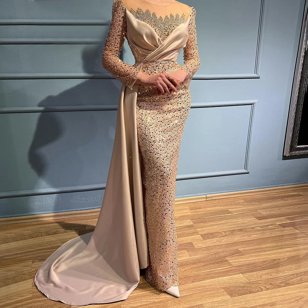 

Elegant Champagne Evening Dresses 2023 Luxury Mermaid Beaded Long Sleeves with Satin Train Women Dubai Formal Prom Party Gown