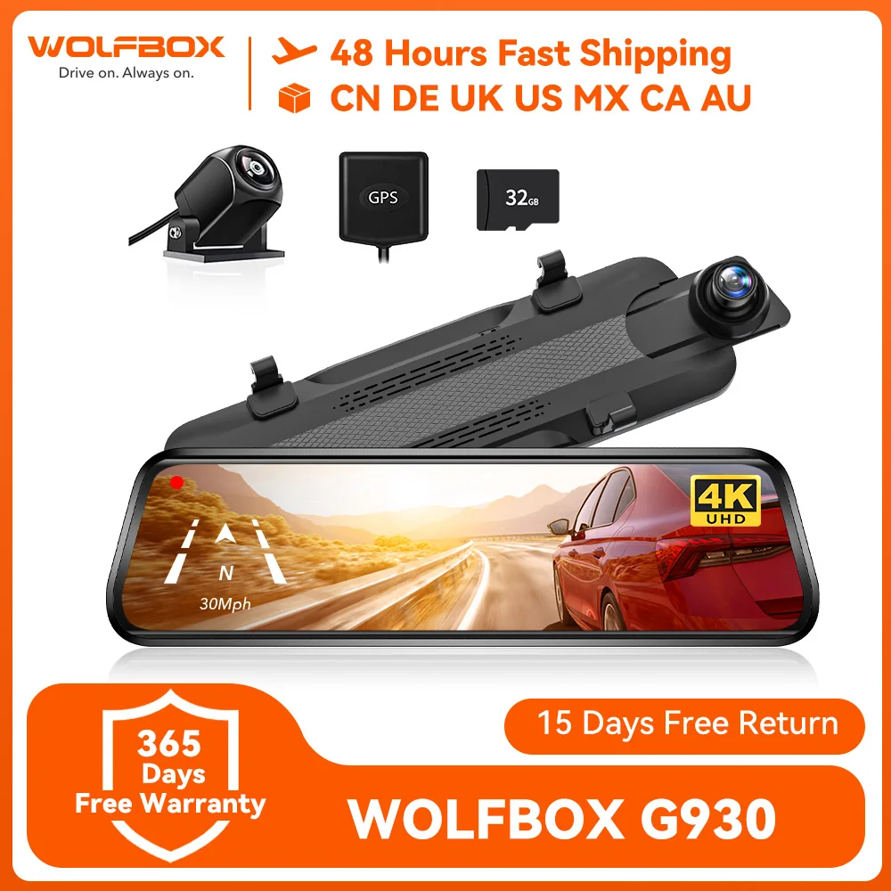 WOLFBOX G930 4K Car DVR Dual Lens Mirror Camera Dash Cam Car Black Box Support GPS 24H Parking View Touch Screen Video Recorder