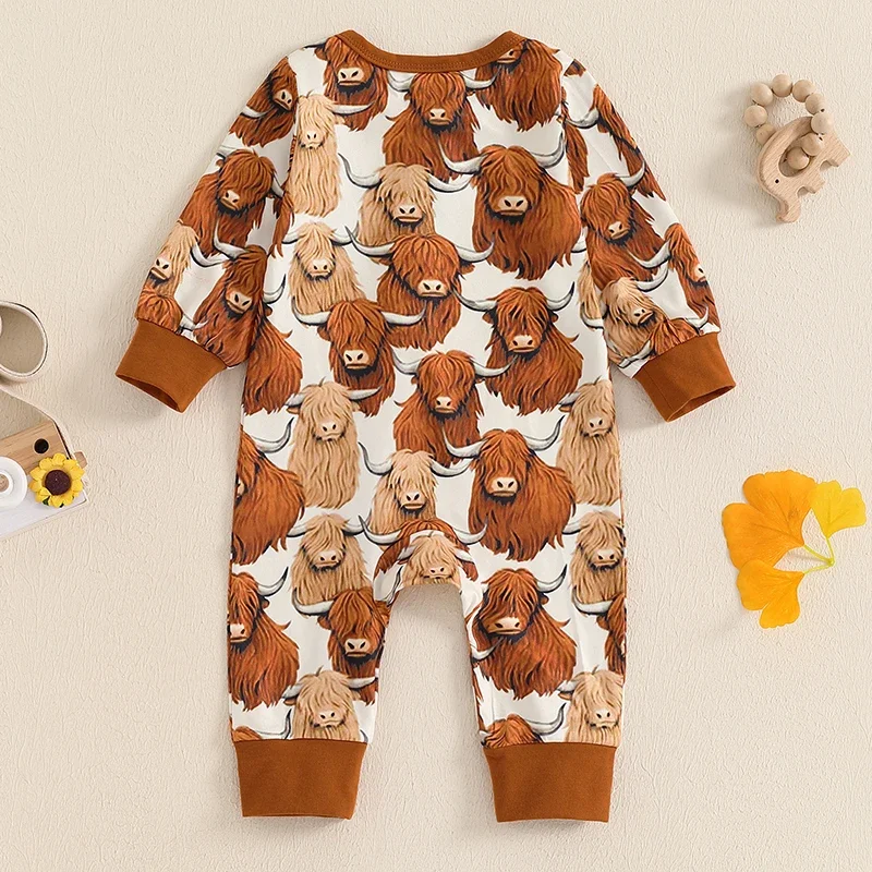 2024-07-13 Lioraitiin Western Baby Boys Romper Casual Long Sleeve Round Neck Cow Print Zip Up Jumpsuit Infant Outfit