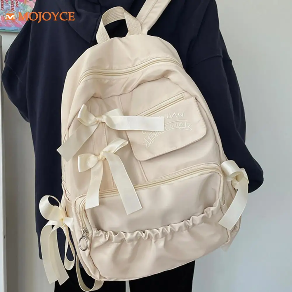 Fashion Backpack Nylon Bow Teen Girls School Bags Aesthetic Rucksack Multi-Pockets Sweet College Students Bookbag Campus Daypack