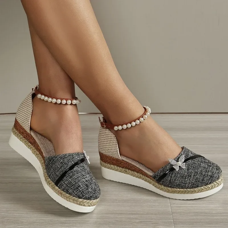 New 2024 Summer Women Butterfly Pearl Linen Plain Wedge Sandals Bohemian Ladies Casual Comfortable Espadrilles Platform Shoes