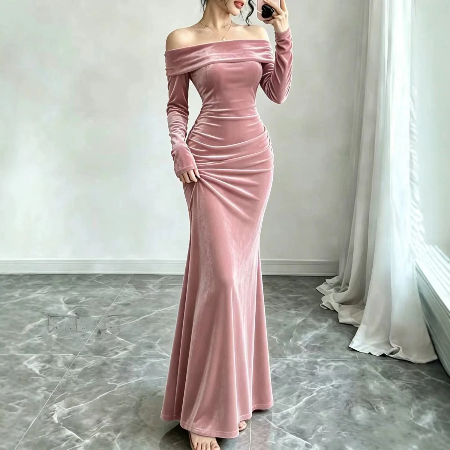 MsChuh Women's Maxi Dress Velvet Off‑Shoulder Mermaid Long Sleeve Elegant Ruched Waist Bodycon Evening Party Formal Long Gown