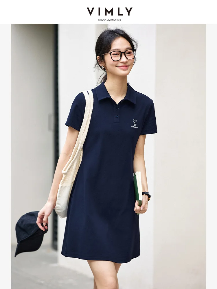

VIMLY Women's Casual Sporty Dress 2025 Summer Office Simple Polo V-neck Short Sleeve Straight Shoulder Embroidery Loose Dress