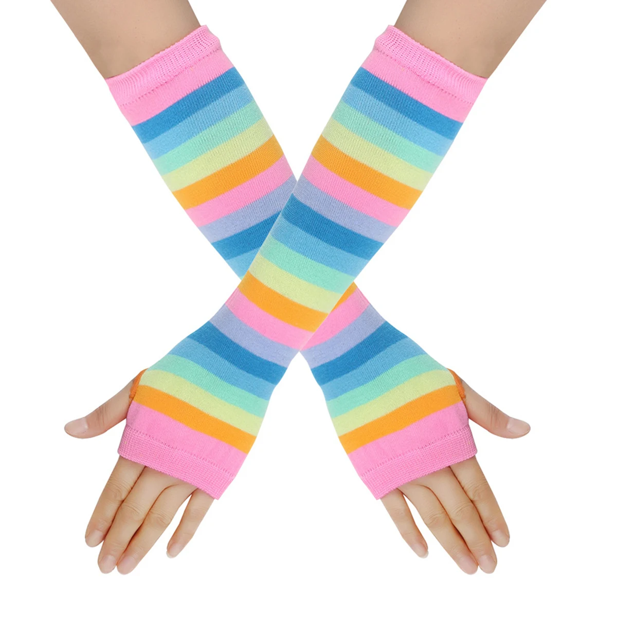 Long Half Palm Glove For Women Girl Colorful Stripes Knitted Fingerless Arm Sleeve Mitten Party Colorful Arm Warmer Gloves