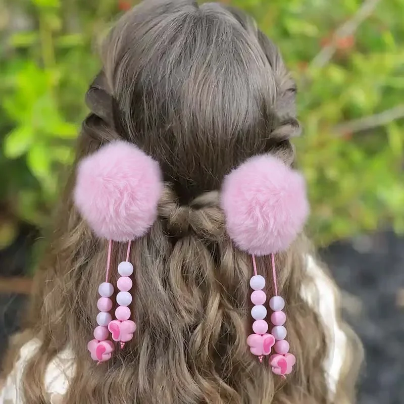 ncmama 2Pcs Fur Pom Pom Ball Hair Clips Hair Ball Hairpin Sweet Girls Tassels Hairgrips Headwear Barrettes Baby Hair Accessories