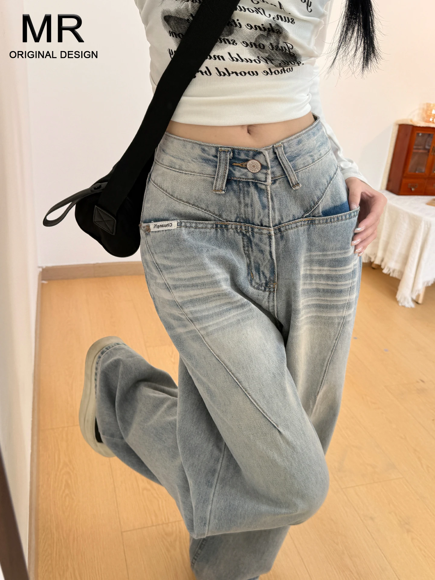 

Американские джинсы прямого кроя в стиле ретро для женщин, летние, свободные, с эффектом похудения, светло-голубые, повседневные, с высокой талией и карманами