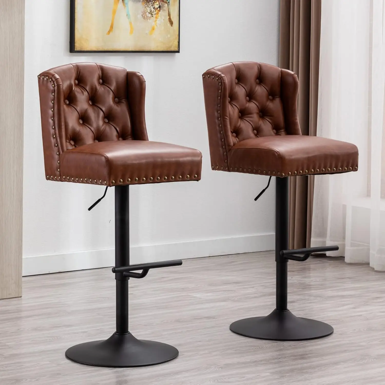 

A set of 2-piece adjustable counter height rotating bar stools, black metal base and footstool, leather kitchen chair