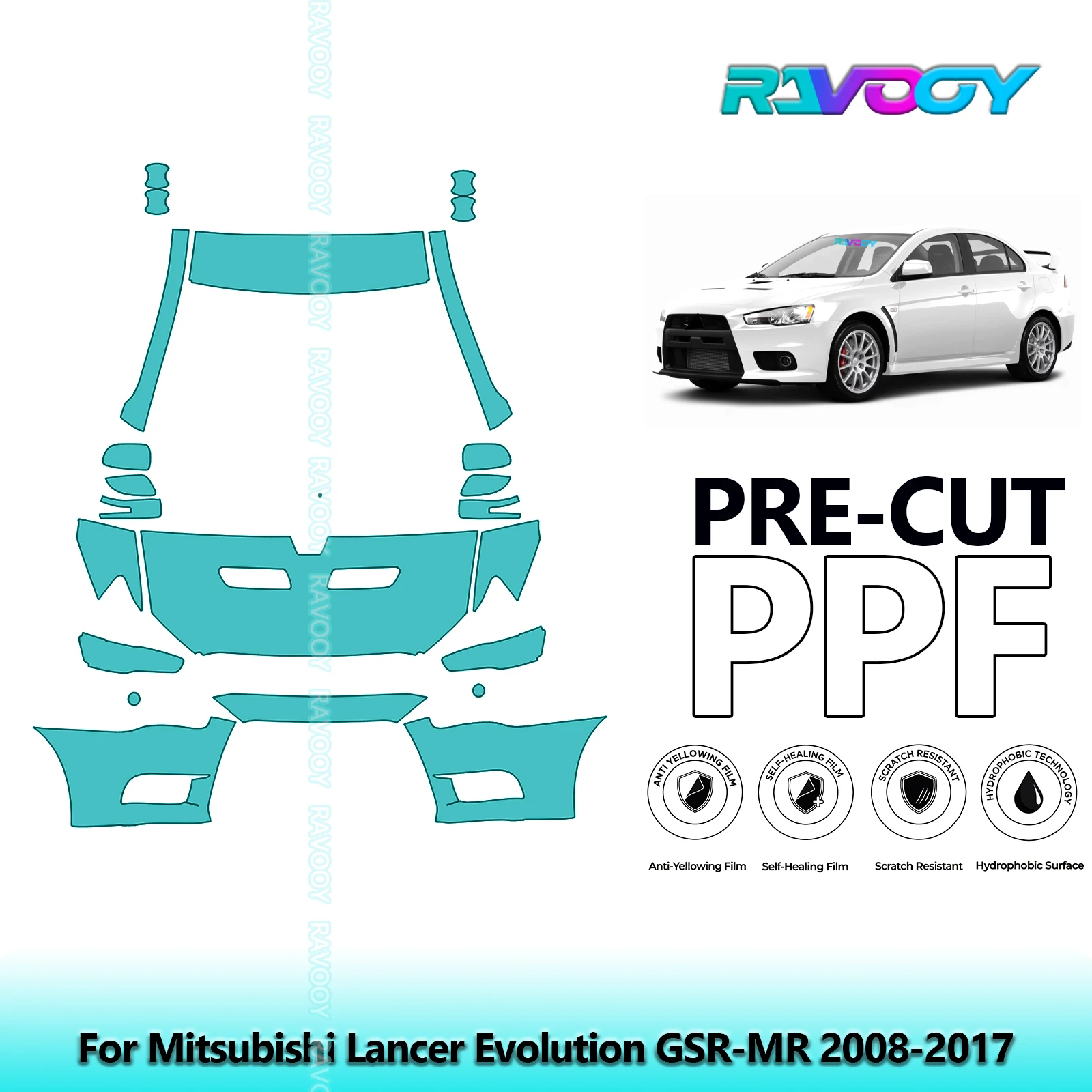 For Mitsubishi Lancer Evolution GSR-MR 2008-2017 Partial Front 8.5Mil Pre-Cut Paint Protection Film PPF Kit | Clear/Matte/Black