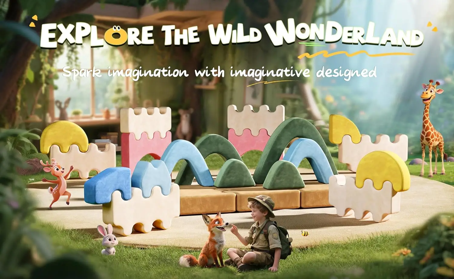 22 قطعة من أريكة اللعب المعيارية للأطفال، أريكة إسفنجية قابلة للتحويل للعب الإبداعي في موضوع الغابة