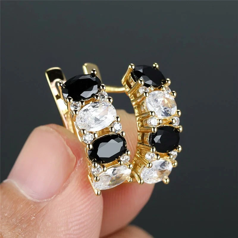 Huitan Gold Color White/Black Cubic Zirconia Hoop Earrings for Women Newly Designed Luxury Female Accessories Hot Trendy Jewelry