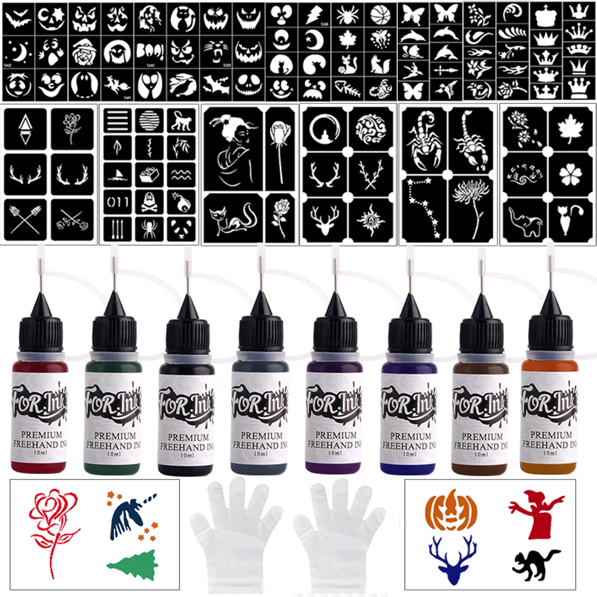 أحبار وشم مؤقتة طويلة الأمد مكونة من 8 ألوان مع 15 مجموعة استنسل، جل طلاء حر للوشم والحفلات الماكياج لجسم الوجه