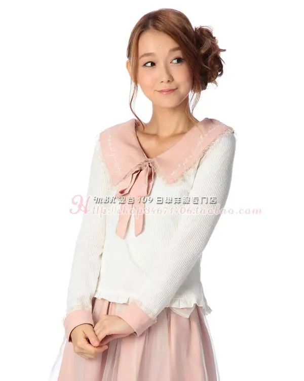 Japan Liz Lisa Cotton Knitted Top Chiffon Lace Letters Embroidery Base Sweaters