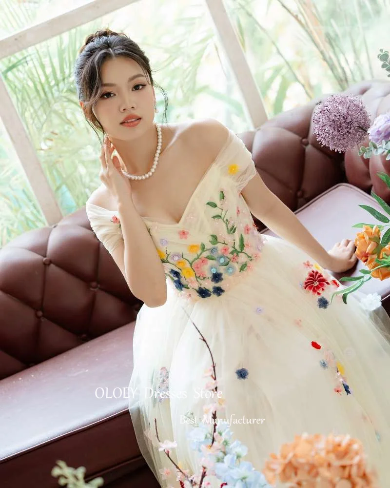 OLOEY Elegant Floral Tulle Evening Party Dresses Off Shoulder Short Sleeves Ankle Length Prom Gowns Wedding Photoshoot Korea