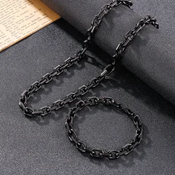 8mm Black Link Chain Necklace Bracelet For Men Stainless Steel Jewelry Gift Set