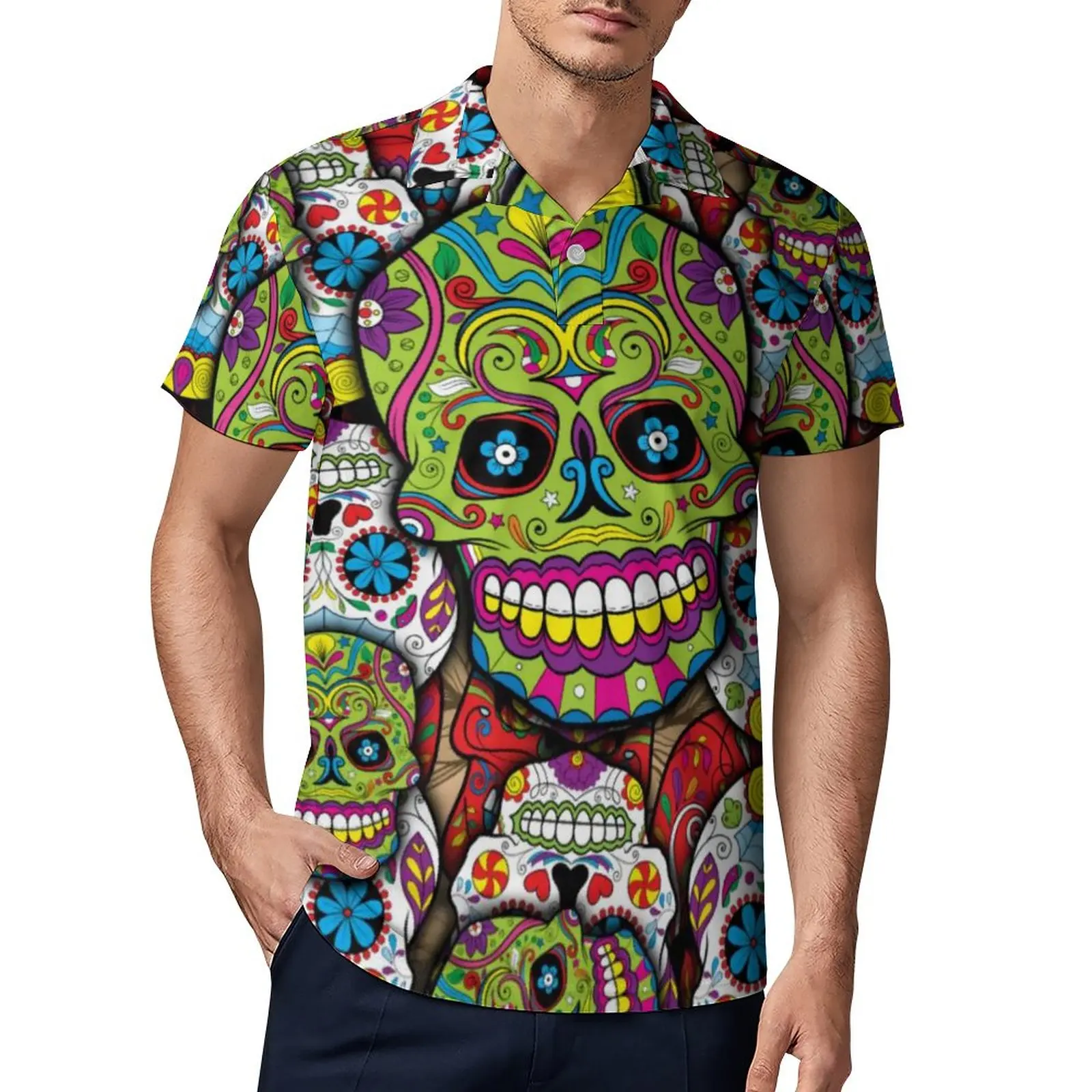 

Floral Skull Print Casual Polo Shirts Sugar Skulls Pattern T-Shirts Short Sleeve Shirt Date Fashion Oversize Polo-Shirts Gift