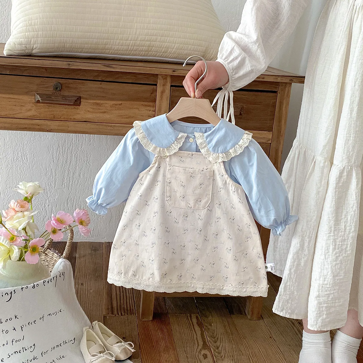 

Doll Collar Shirt Floral Suspender Skirt Two Piece Set Spring and Autumn New Cute Casual Sweet Loose Set