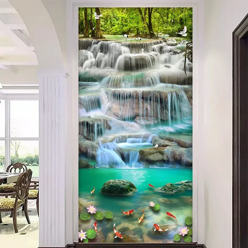 Flowing Water Waterfall  Lotus Entrance 3D Mural Wallpaper Living Room Bedroom Hallway Children Room Photo 3D Wall Paper Roll