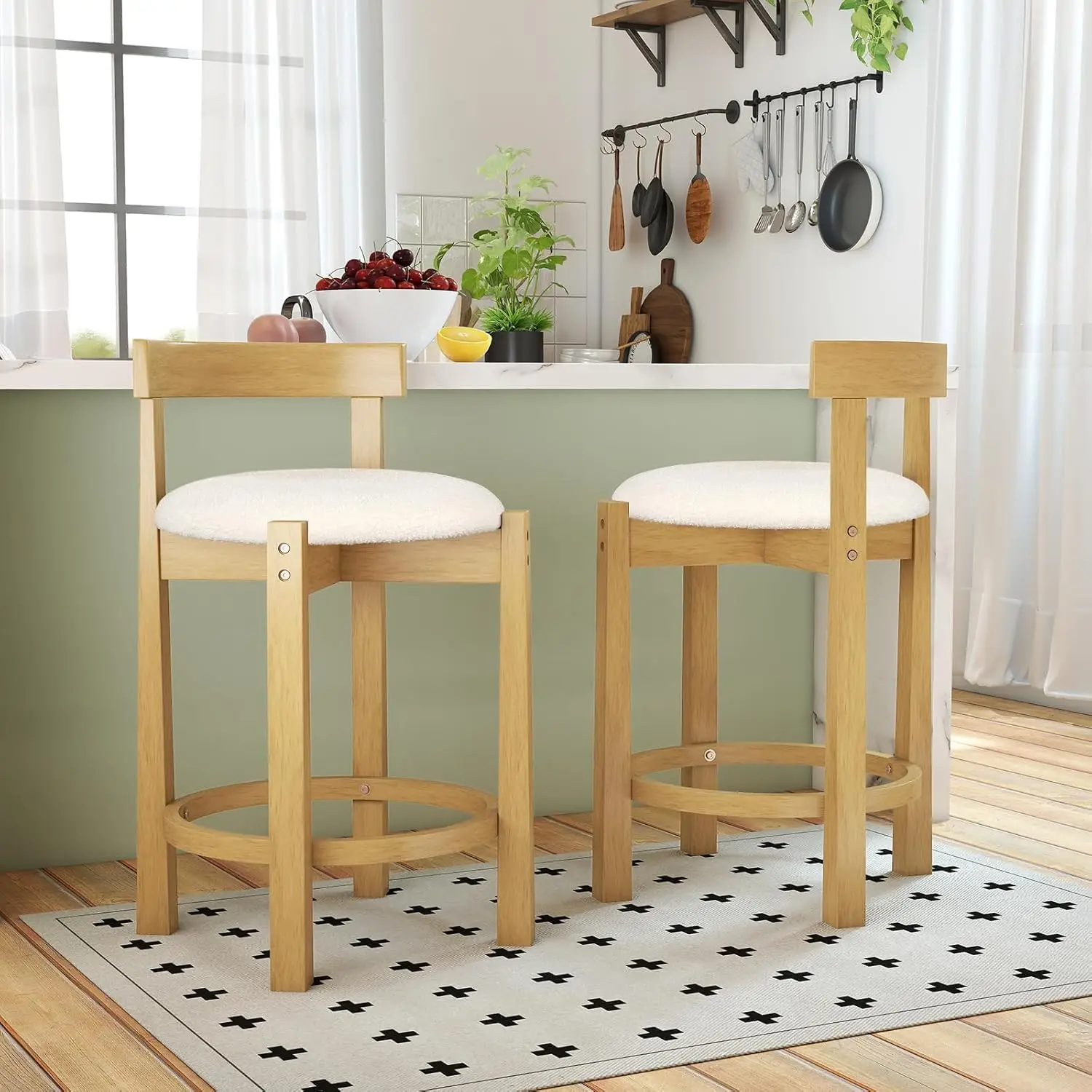 

Upholstered Counter Height Stools Set 2 Low Back Rubber Wood Legs Footrest Dining Room Natural, Customized