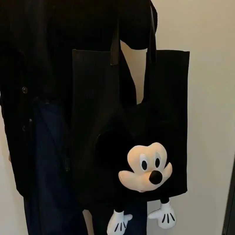 Kawaii Disney Mickey Mouse Black Shoulder Bags Cute Cartoon Corduroy Handbags Unisex Casual Large Capacity Tote Bags For Women