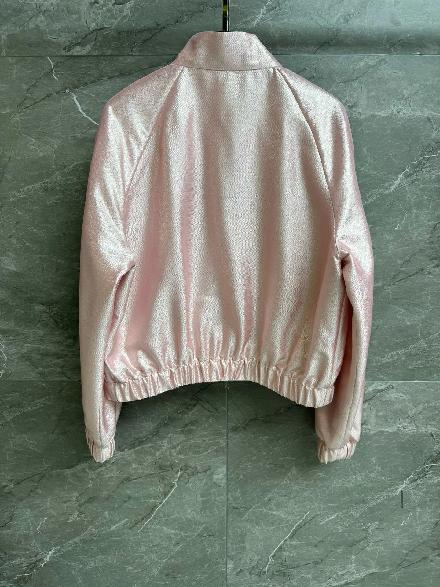 EVACANDIS High Quality Women Autumn Winter New Pink Sparking Zipper Coat Stand Collar Sweet Silk Blend Loose Chic Casual Tops