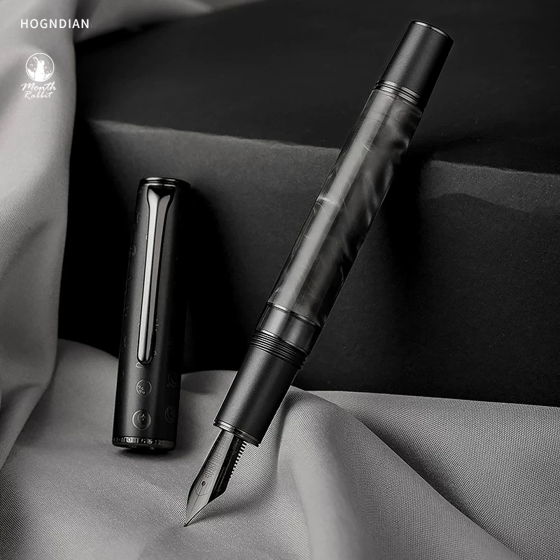 Hongdian N7 Fountain Pen Beautiful Gray Moon Rabbit Totem Cap Resin Piston Ink Pen EF/F 0.4/0.5mm Smooth Writing Office Gift