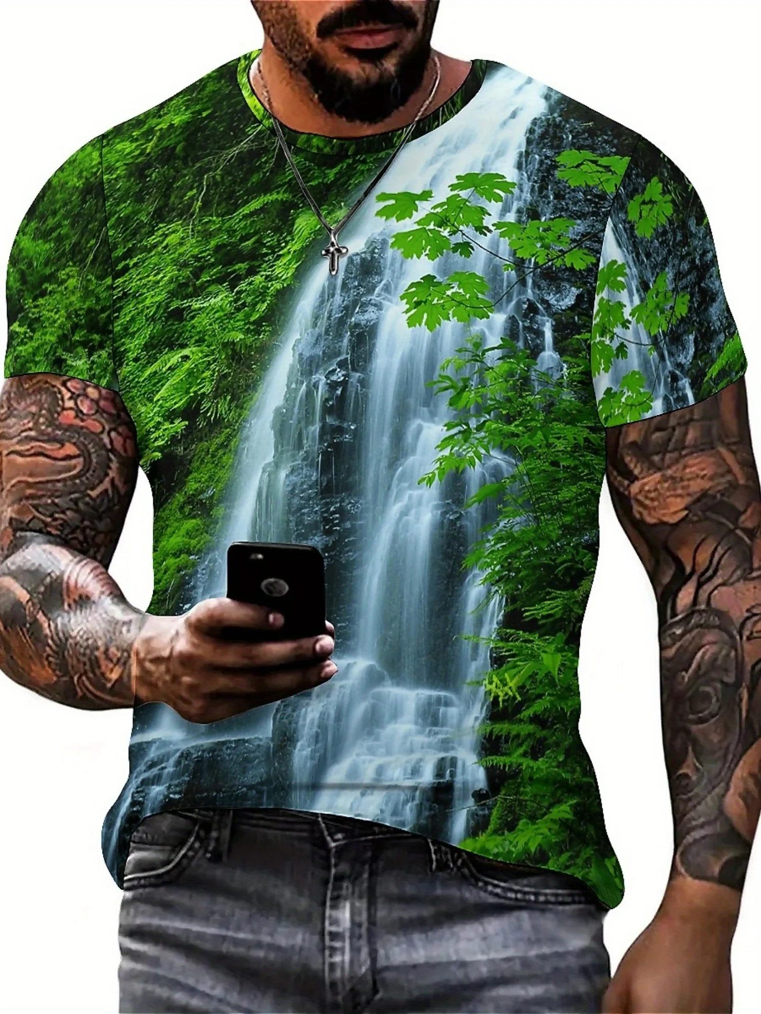 Men's 3D Printed Waterfall & Greenery Graphic T-Shirt - Breathable Short Sleeve Tee for Outdoor Activities
