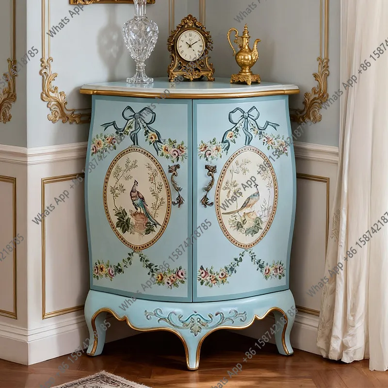 

American luxury all solid wood painted blue corner cabinet French romantic living room entrance wine cabinet