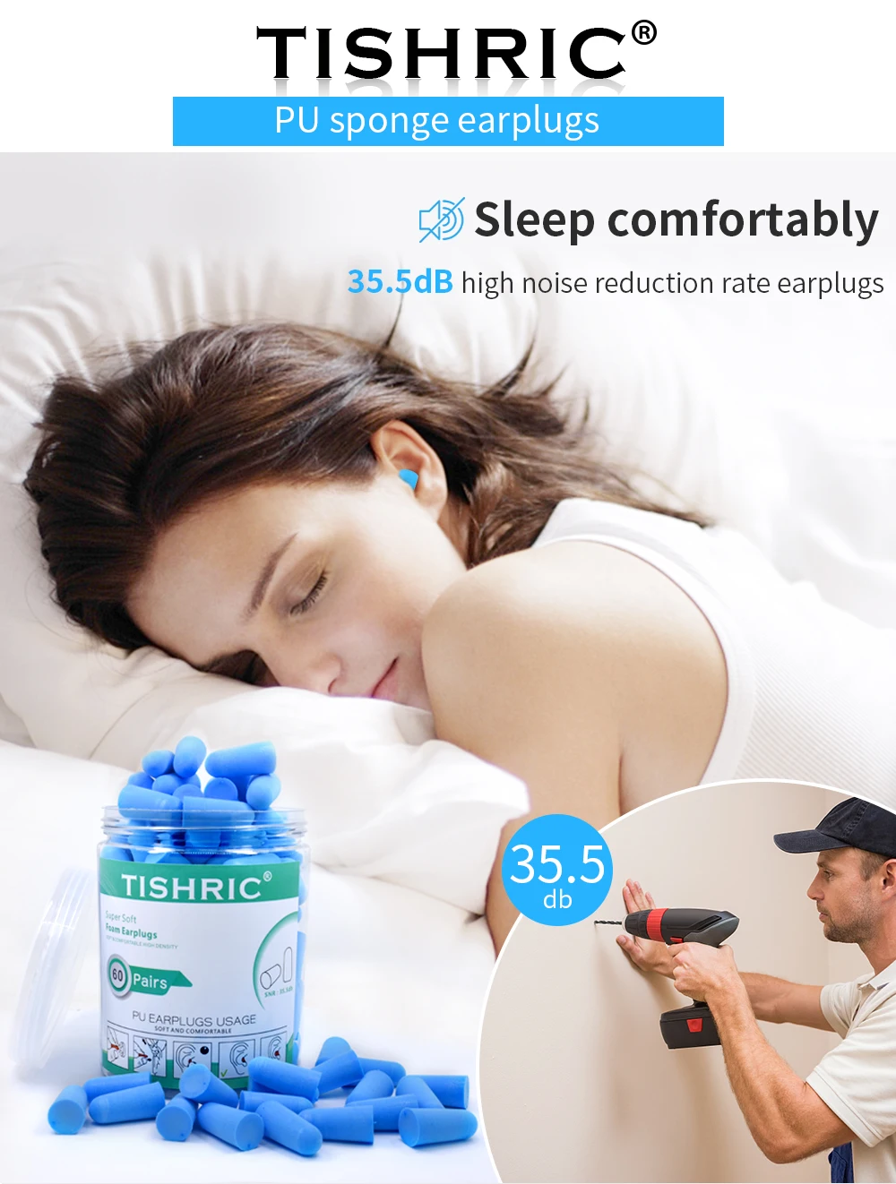 TISHRIC Earplugs Soft Sponge Ear Plugs Noise Reduction Sleeping Earplug Travel Noise Reduction Rate 35.5db Sound Insulation