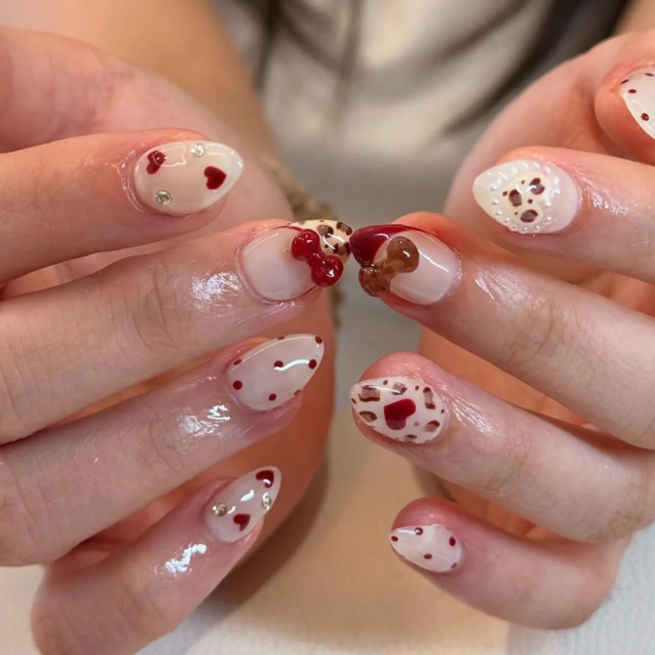 

24pcs Japenese Style False Nails 3D Bowknots Heart Shape Pearl Decor Press On Nails Sweet Cool Leopard Print French Fake Nail