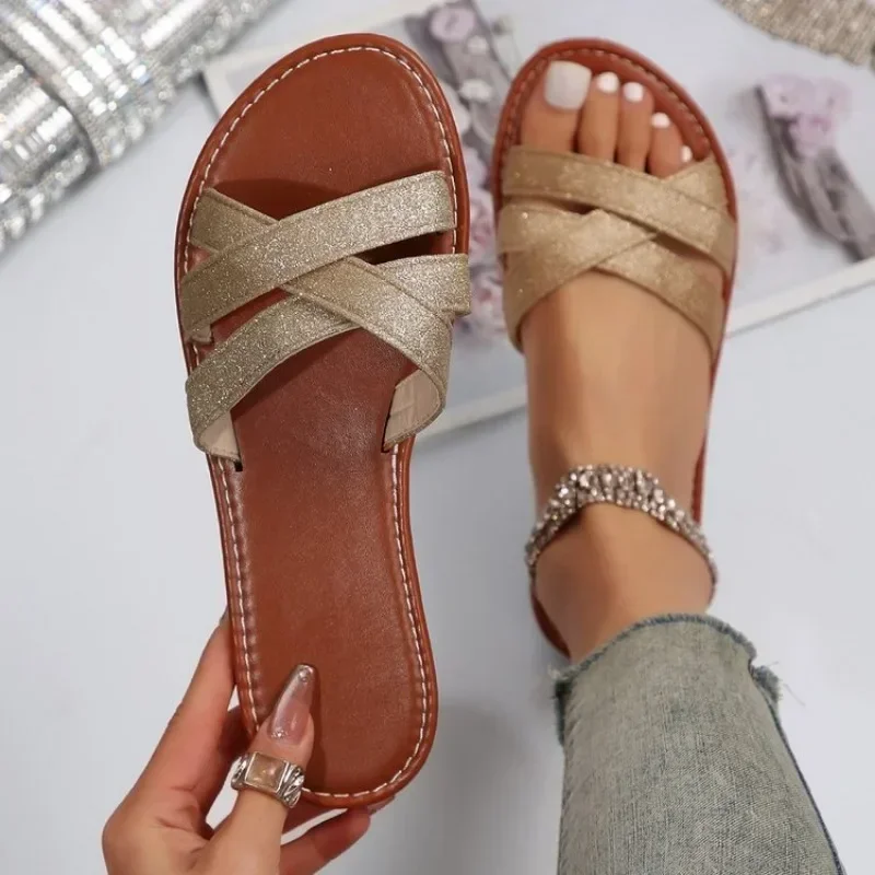 Blue Denim Fashion sandal hak datar wanita, sepatu pita elastis musim panas untuk wanita sepatu kasual manis ukuran besar 43