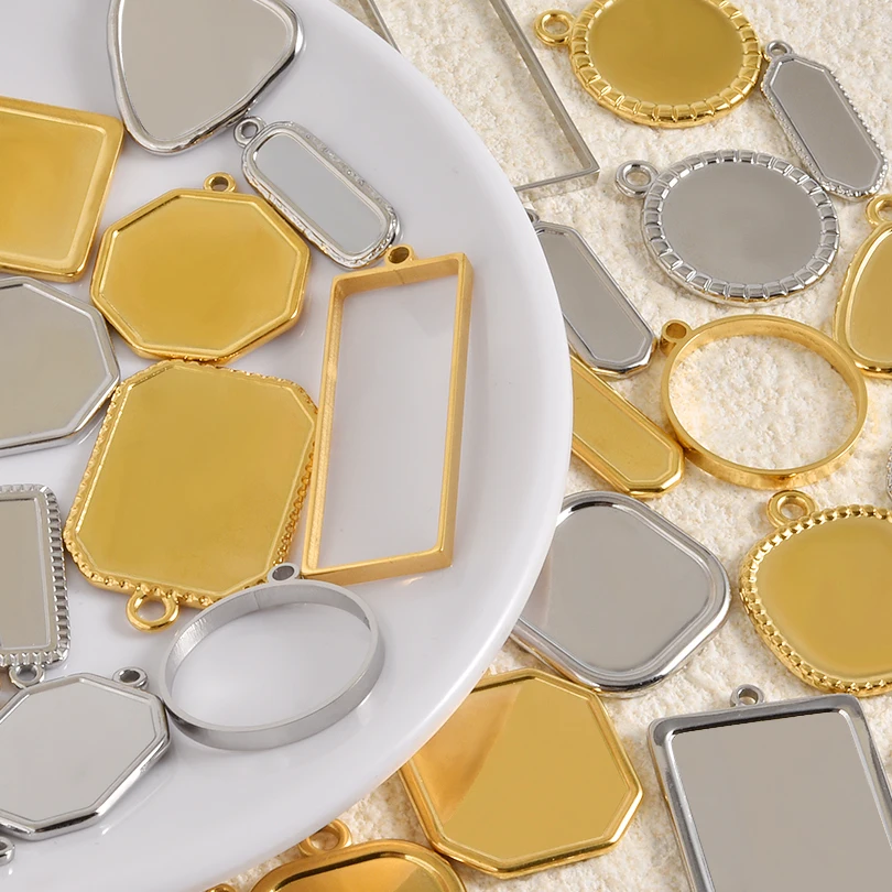 6 قطعة الفولاذ المقاوم للصدأ هندسية فلاتباك فارغة كابوشون قاعدة قلادة لصنع المجوهرات الشرير غير النظامية النقش صينية الحافة Colgantes