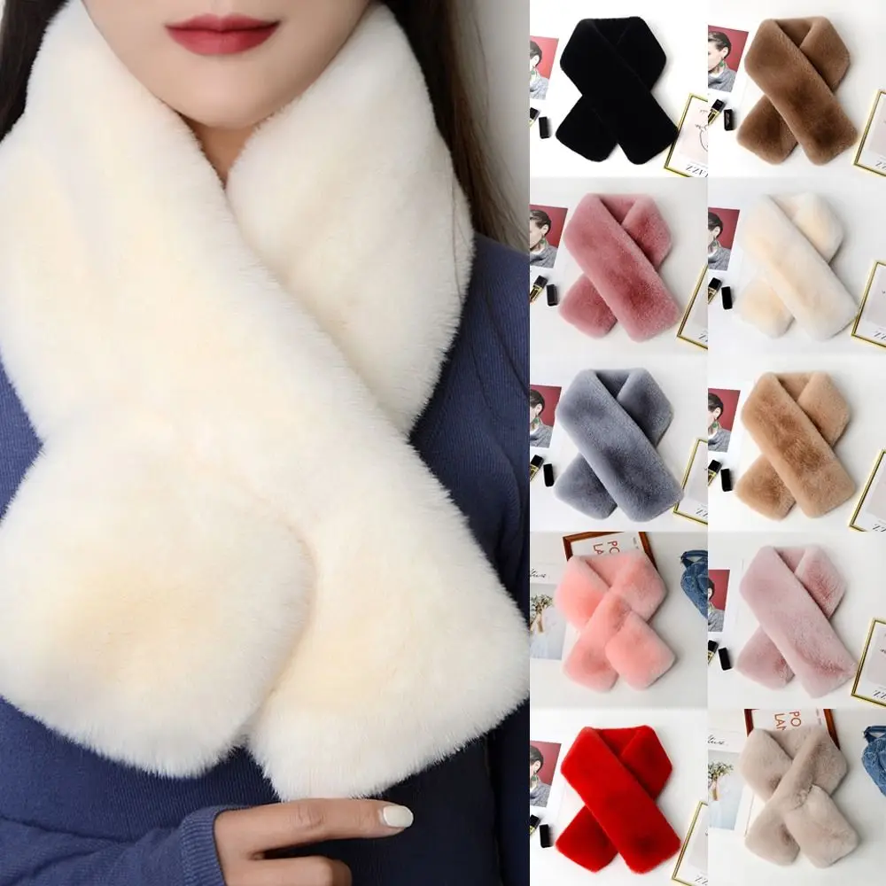 Cute Solid Color Cross Scarf Thicken Faux Rabbit Fur Neck Scarf Neck Warmer Girls
