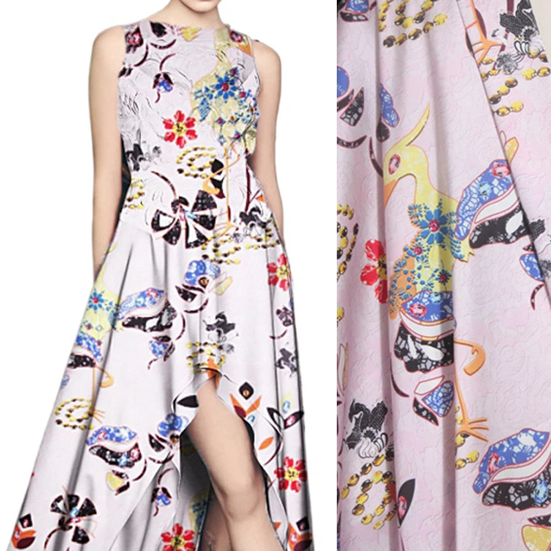 

105CM Wide 20MM Printed Pink Silk Satin Fabric for Dress Pajamas Pants Blouse Silk Lycra Stretch Fabric for DIY Sewing R1803