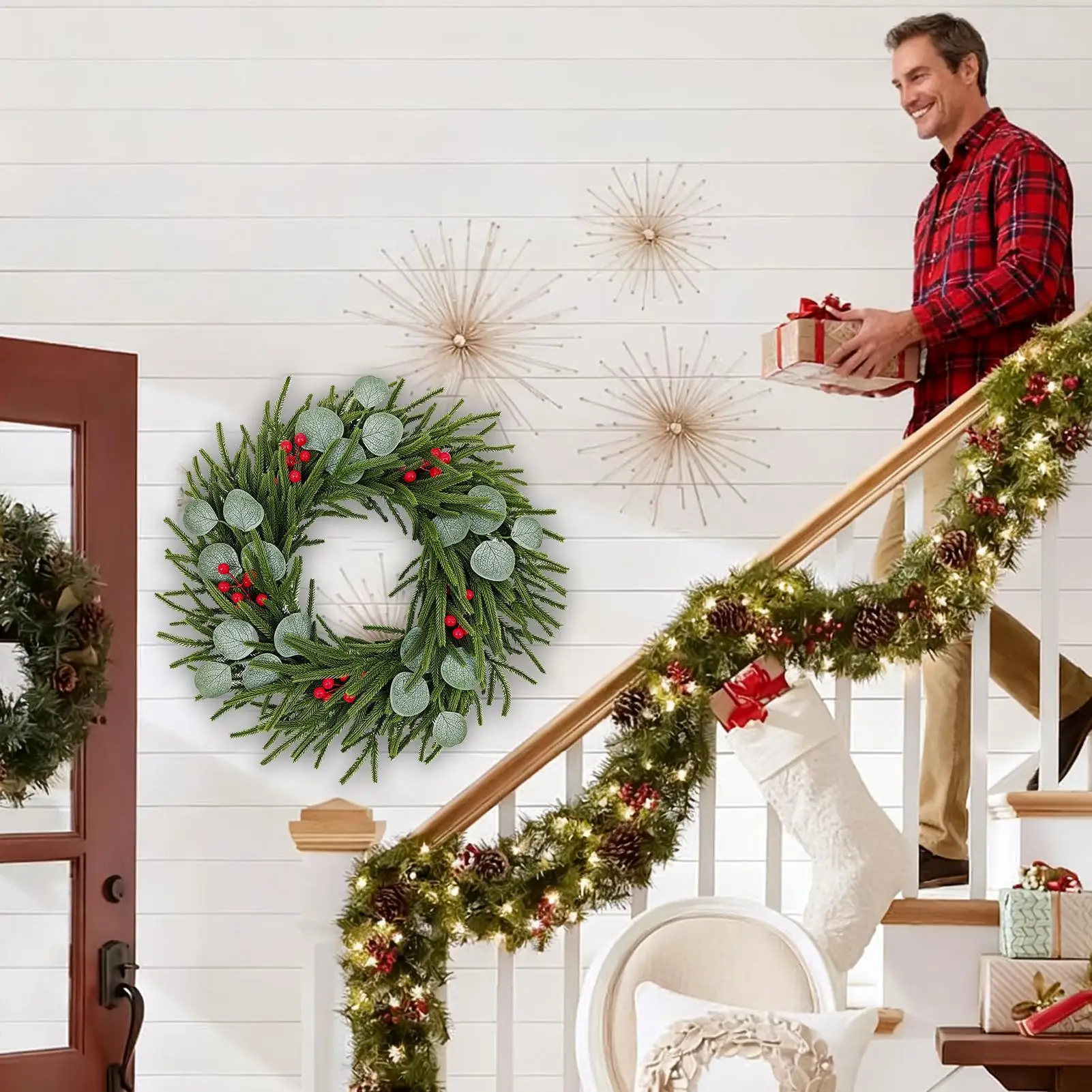 

Рождественский дверной венок, эвкалиптовые ягоды, гирлянда, декор, 20-дюймовая праздничная гирлянда для стола, окна, внутренняя и наружная мантия спереди