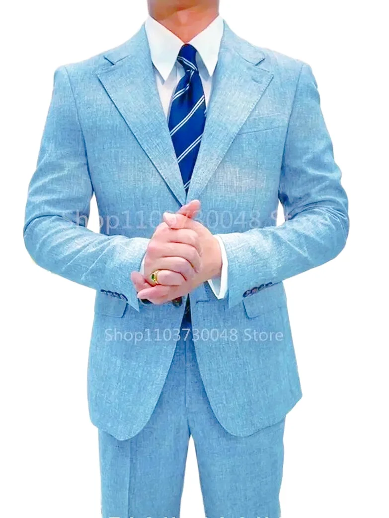 

Светло-голубой/бежевый льняной комплект из двух предметов, пляжный свадебный мужской костюм, повседневный приталенный пиджак с лацканами, брюки высокого качества, летний костюм Homme